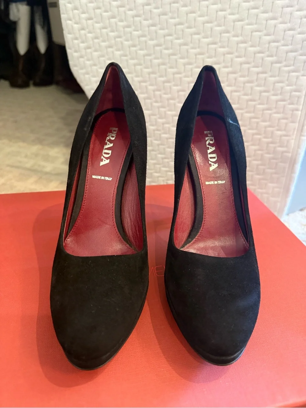 Prada Black Suede Pointed-Toe High Heels with Burgundy Interior